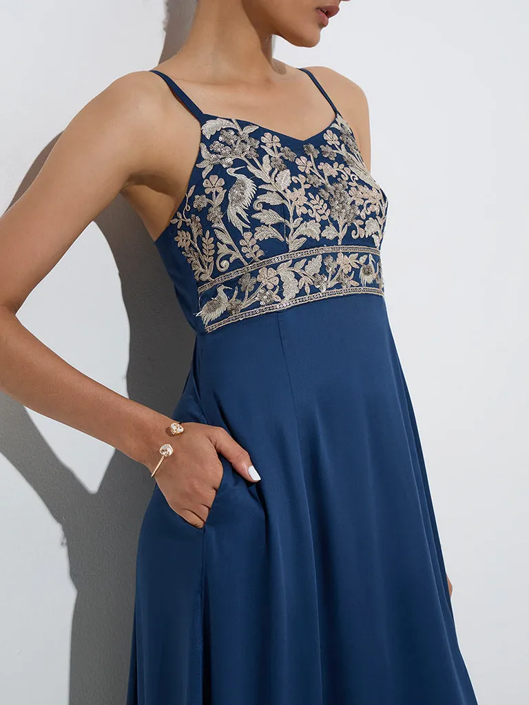 Vark Teal Embroidered A-Line Dress