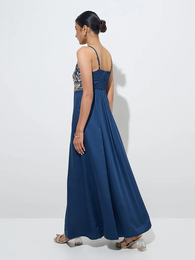 Vark Teal Embroidered A-Line Dress
