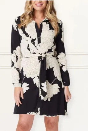 Vicky Women's Floral Print Shirt Dress – Long Sleeve, Button-Up, Belted, Casual Chic