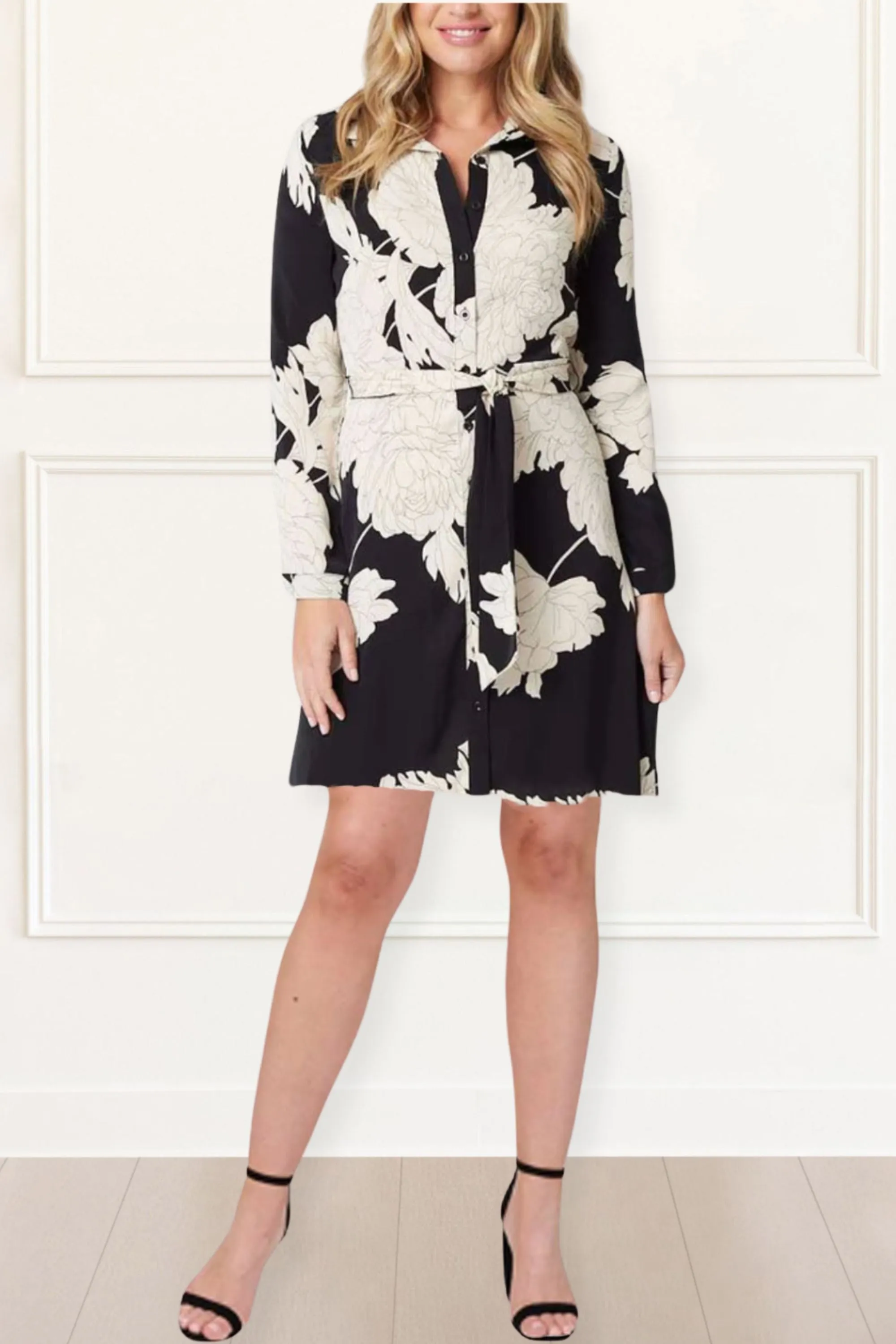 Vicky Women's Floral Print Shirt Dress – Long Sleeve, Button-Up, Belted, Casual Chic
