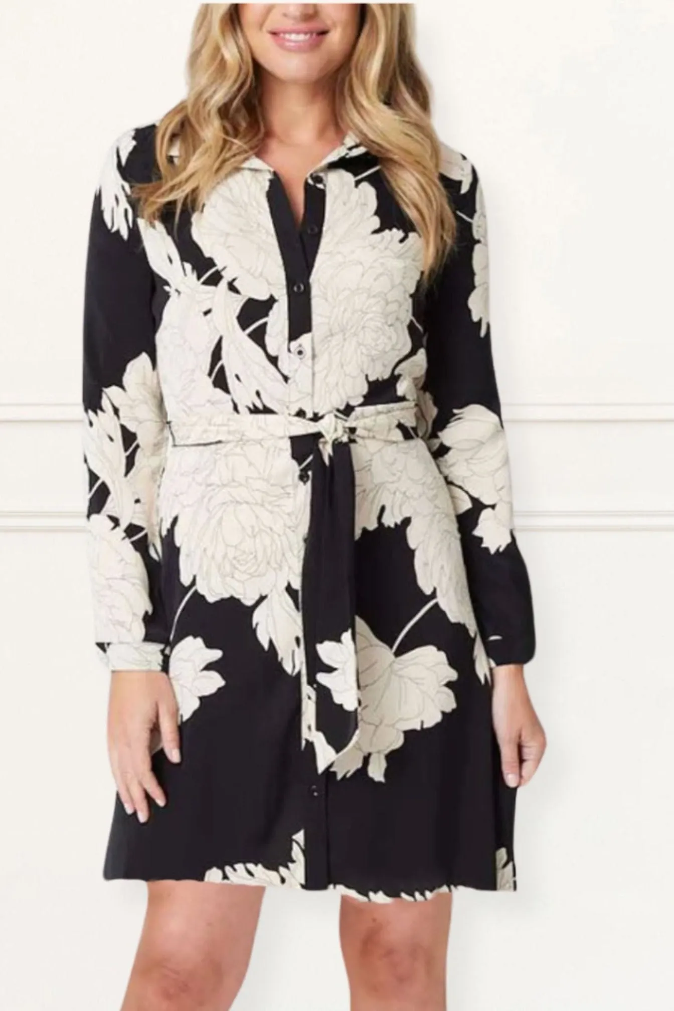 Vicky Women's Floral Print Shirt Dress – Long Sleeve, Button-Up, Belted, Casual Chic