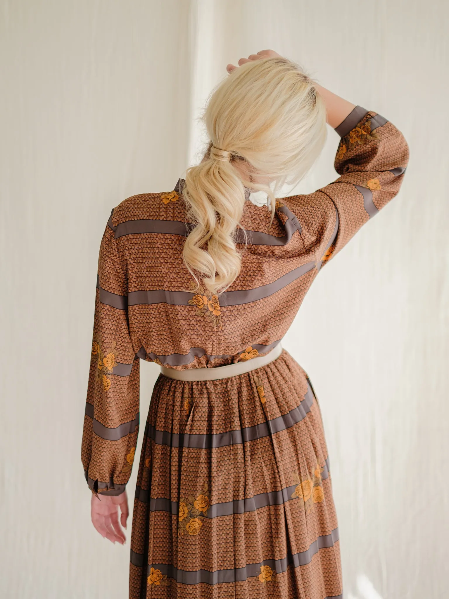 Vintage Brown and Grey Striped Floral Print Midi Dress