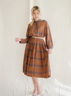 Vintage Brown and Grey Striped Floral Print Midi Dress