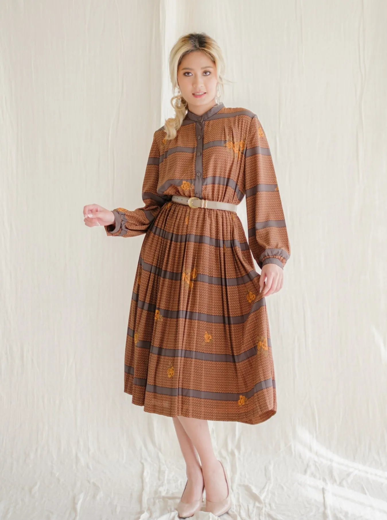 Vintage Brown and Grey Striped Floral Print Midi Dress