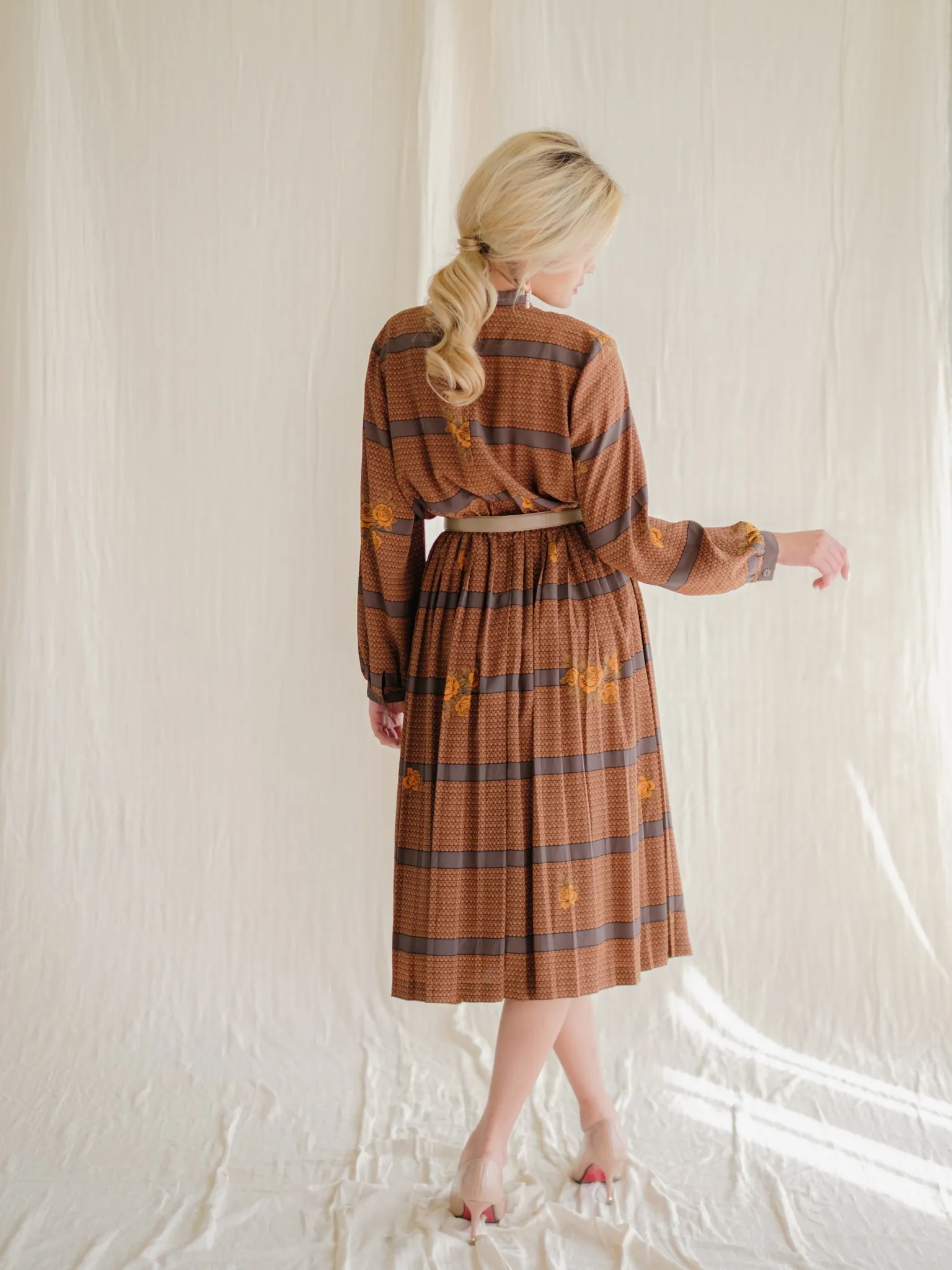 Vintage Brown and Grey Striped Floral Print Midi Dress