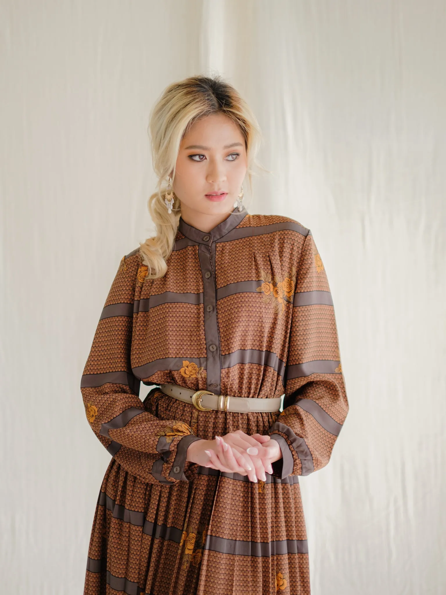 Vintage Brown and Grey Striped Floral Print Midi Dress