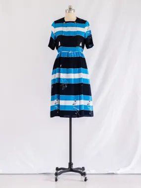 Vintage Polyester Square Neck Stripe Print Midi Dress