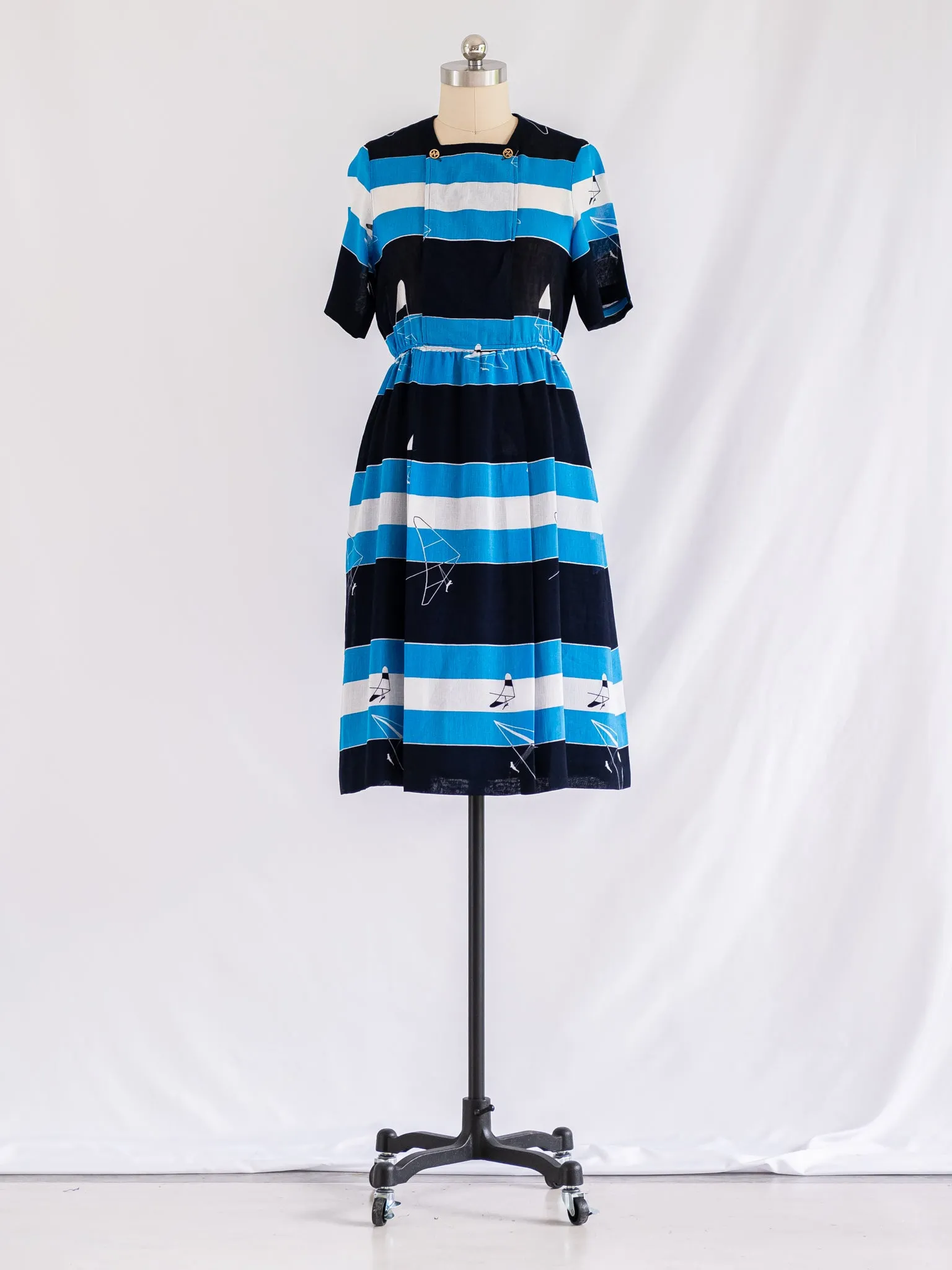 Vintage Polyester Square Neck Stripe Print Midi Dress