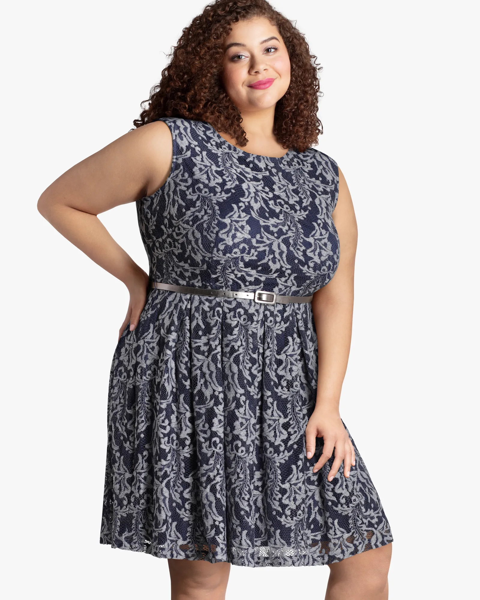 Waldorf Belted Lace Dress | Navy / Light Grey