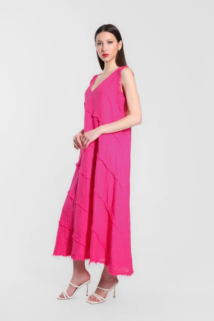 Wanita Diagonal Raw Edge Linen Dress (DT122)