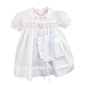 White and Pink Flower Embroidered Smocked Dress Set | Newborn
