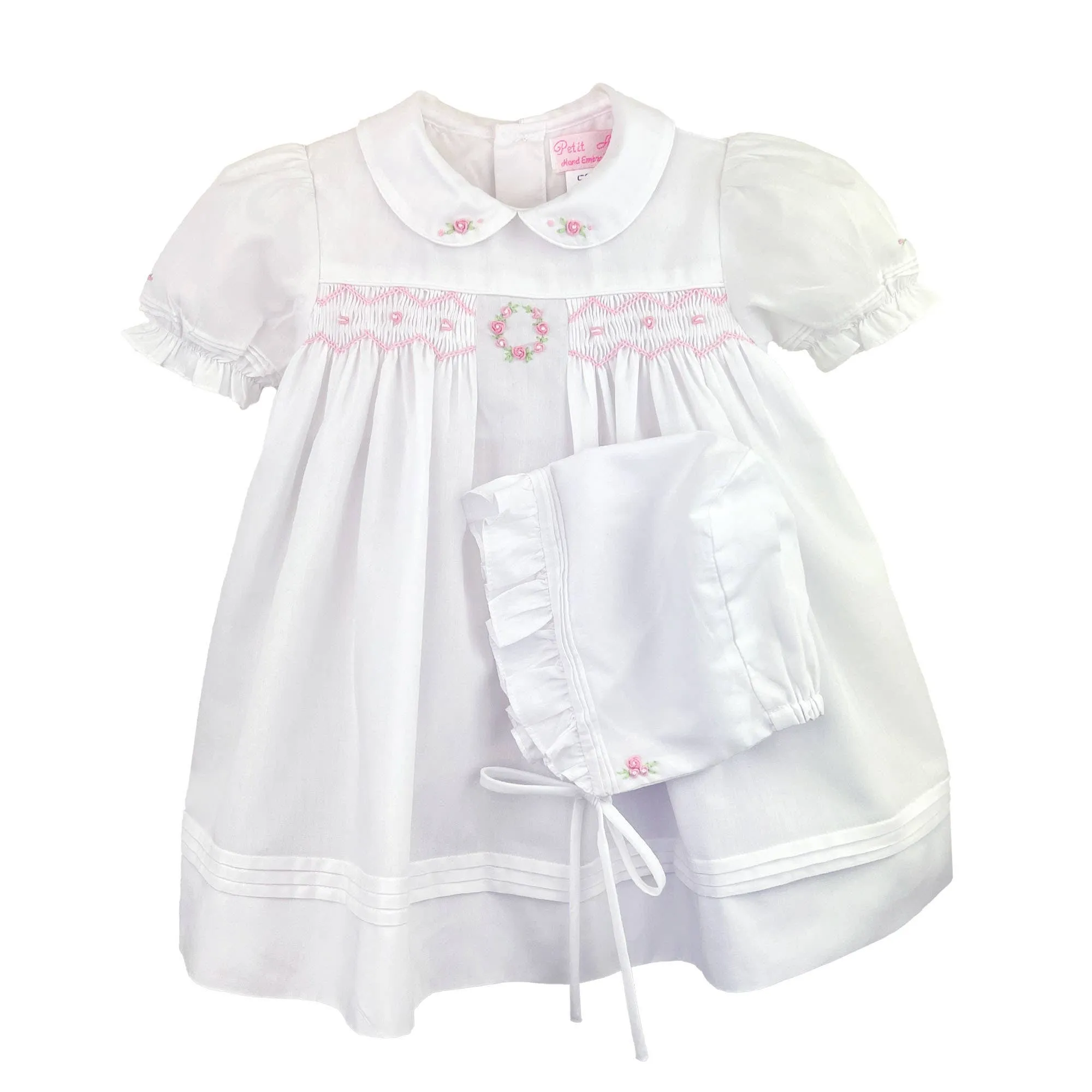 White and Pink Flower Embroidered Smocked Dress Set | Newborn