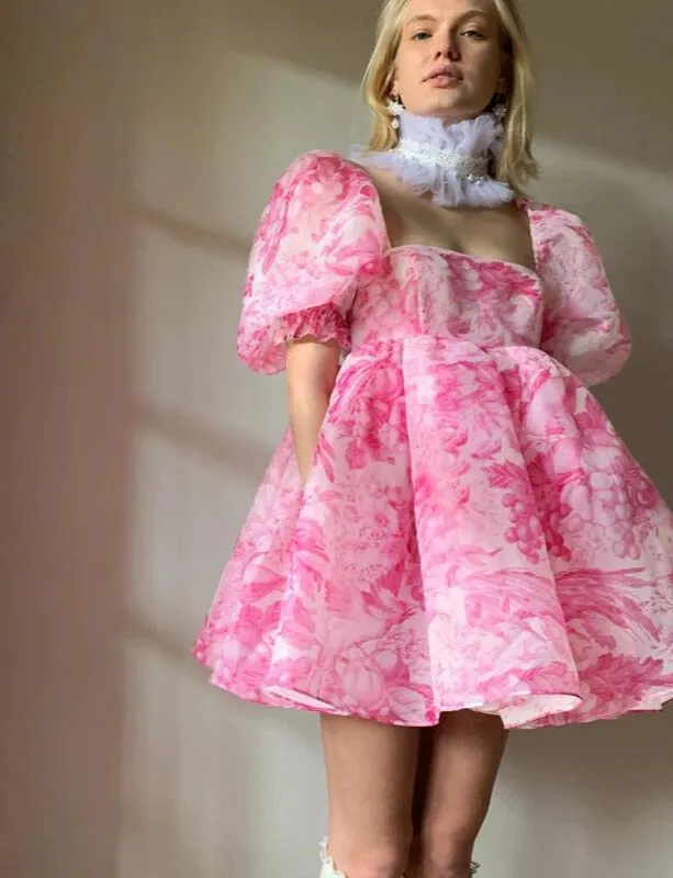 Women Floral Print Lanter Sleeve Mini Dress