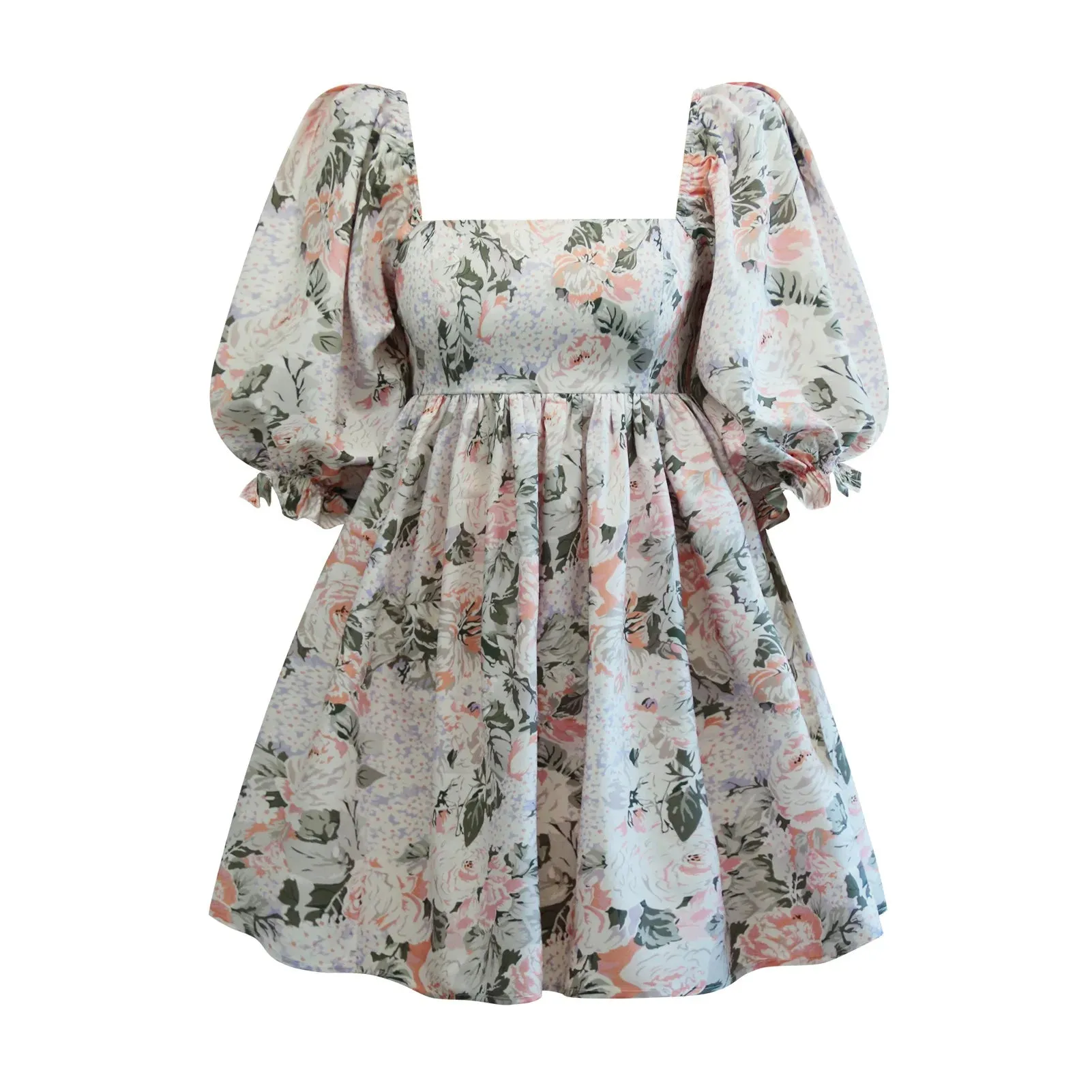Women Floral Print Lanter Sleeve Mini Dress