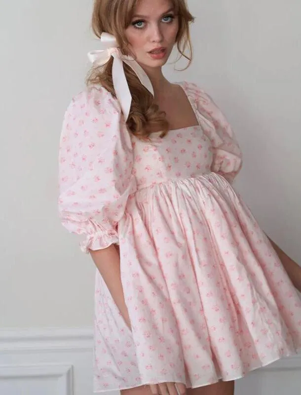 Women Floral Print Lanter Sleeve Mini Dress