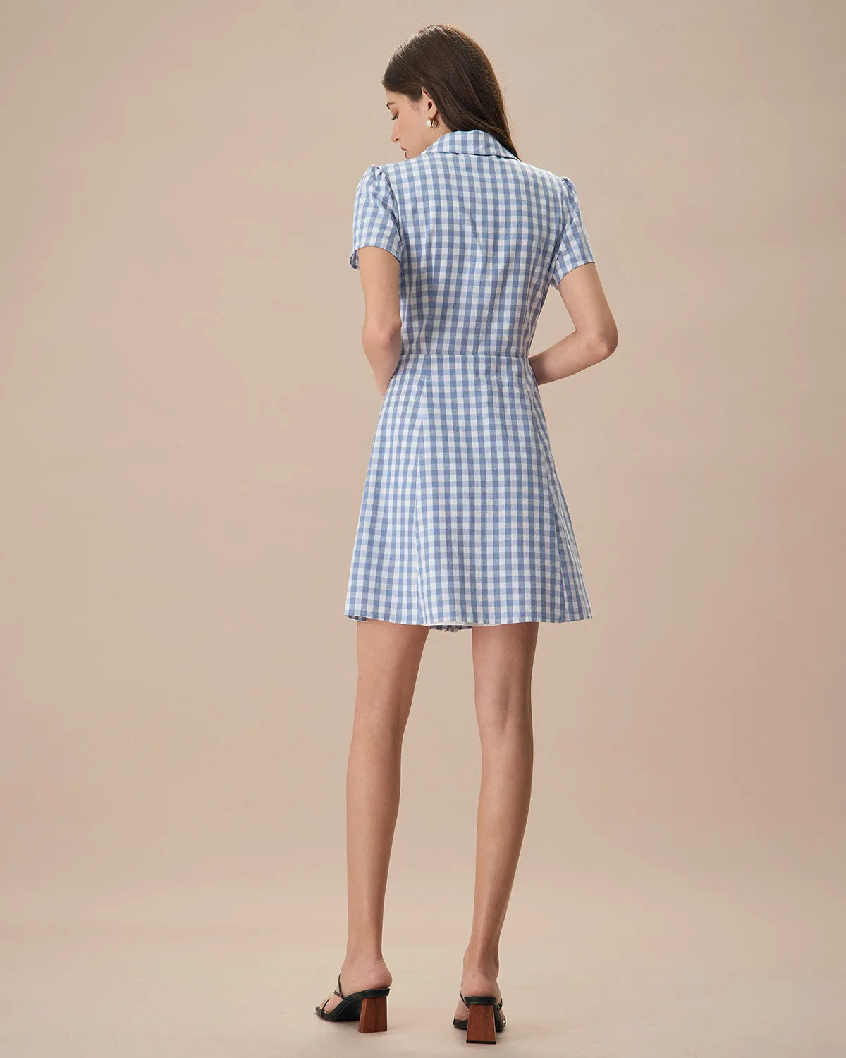 Women's Blue Plaid Lapel Cotton Mini Dress