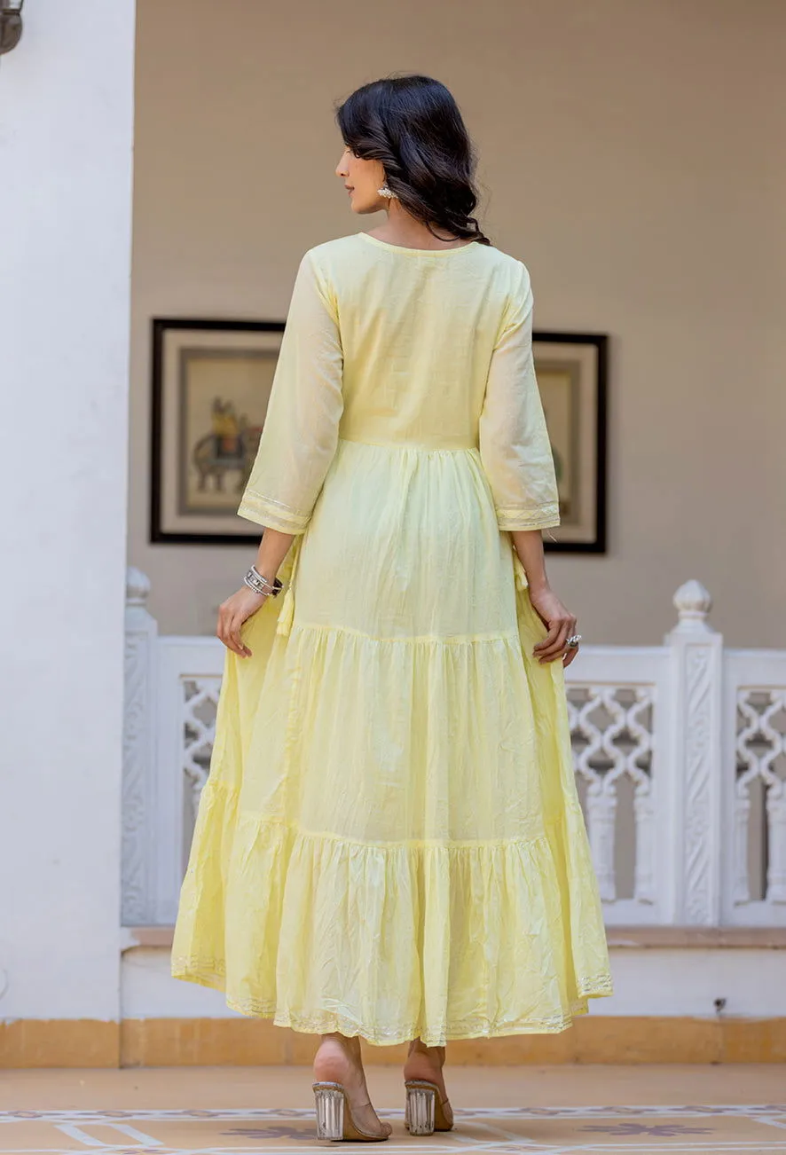 Yellow Embroidered Cotton Ethnic Gown (Set Of 1)
