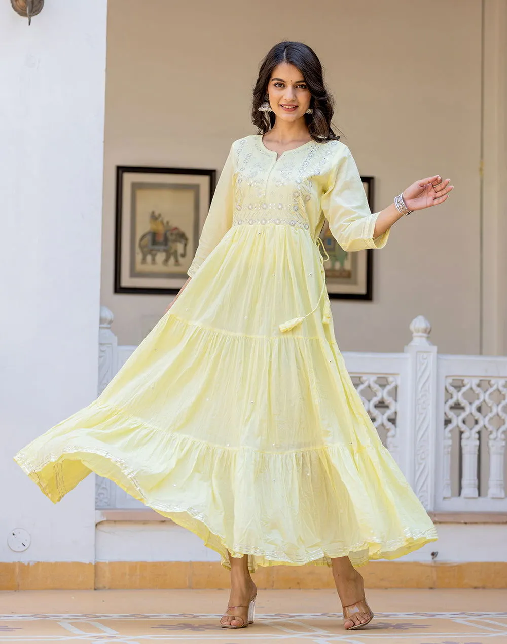 Yellow Embroidered Cotton Ethnic Gown (Set Of 1)