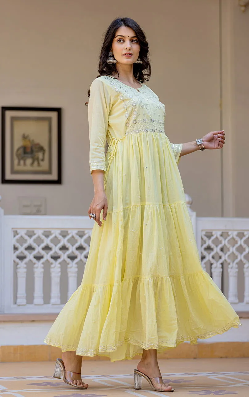 Yellow Embroidered Cotton Ethnic Gown (Set Of 1)