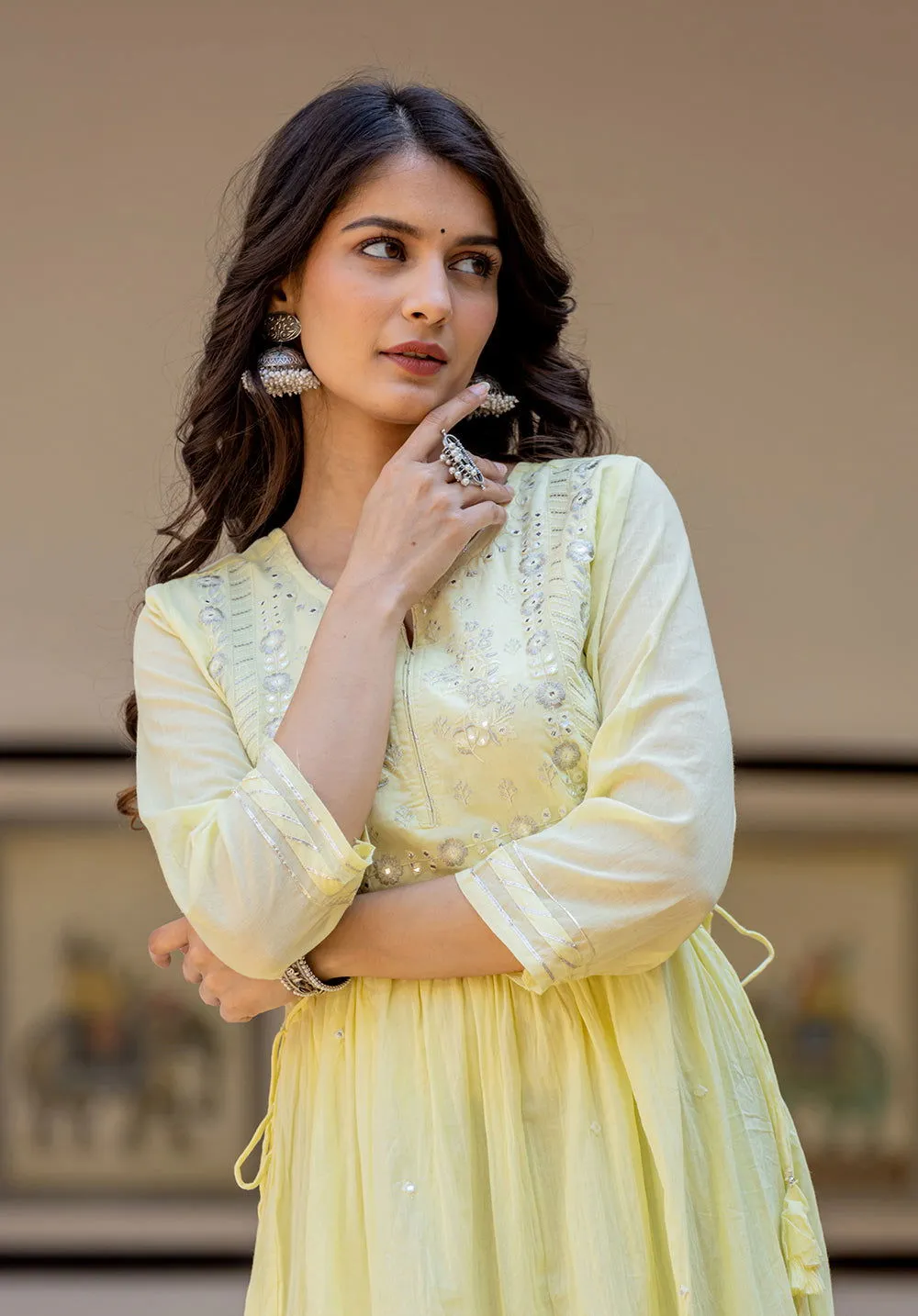Yellow Embroidered Cotton Ethnic Gown (Set Of 1)