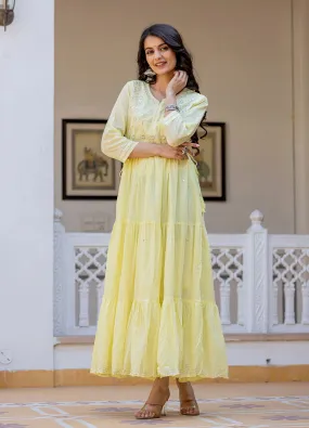 Yellow Embroidered Cotton Ethnic Gown (Set Of 1)