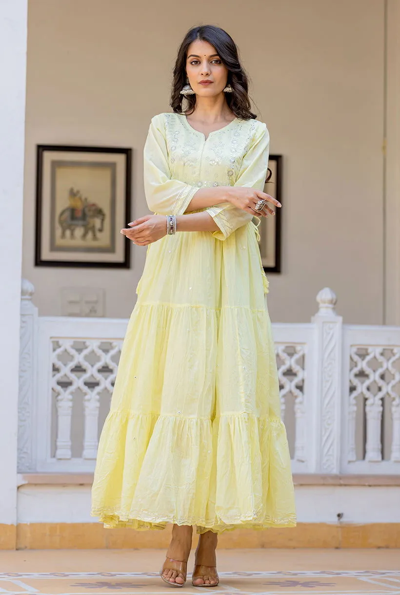 Yellow Embroidered Cotton Ethnic Gown (Set Of 1)
