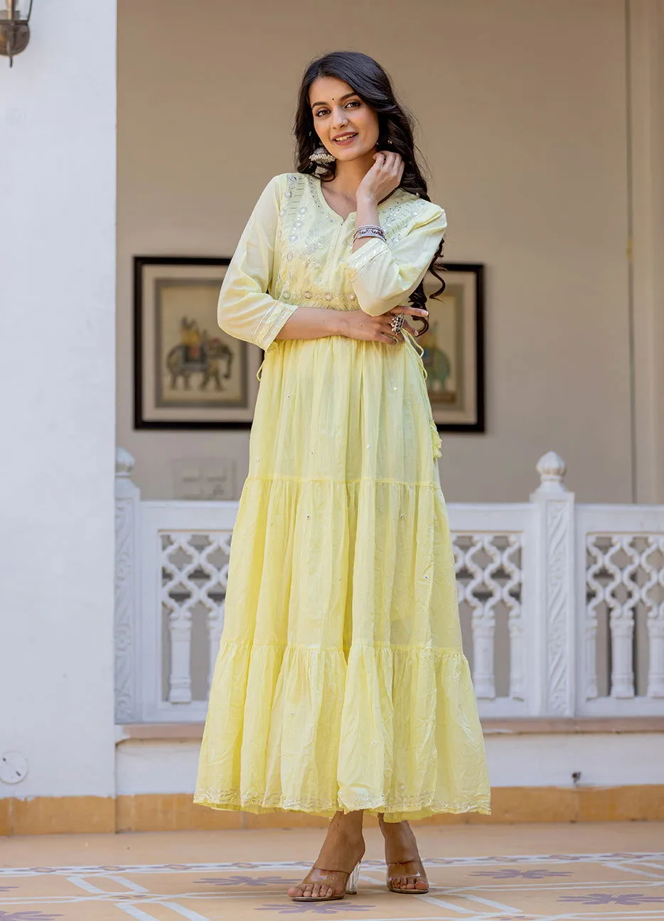 Yellow Embroidered Cotton Ethnic Gown (Set Of 1)